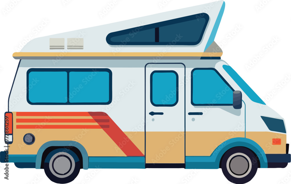 Illustration of a campervan with a beautiful mountain landscape backdrop-