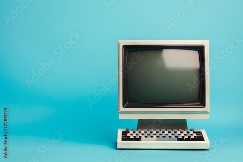 Retro computer on a vibrant blue background, minimalist still life