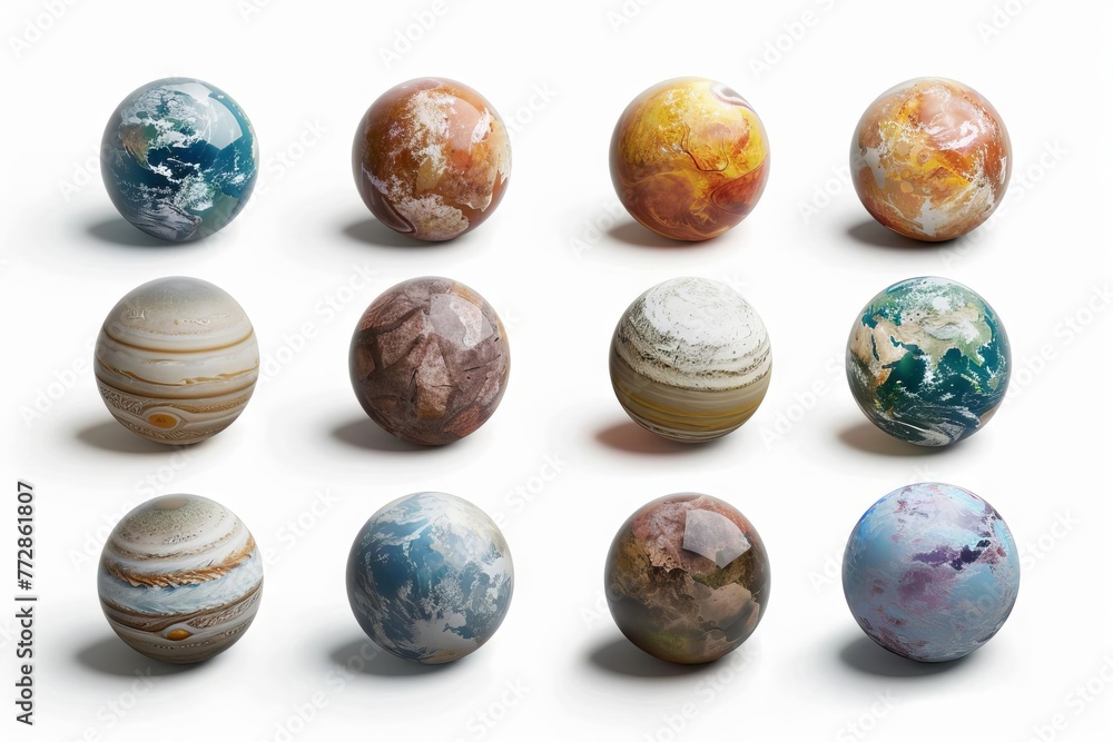 Set of realistic planets isolated on white, solar system objects, space exploration concept, 3D rendering