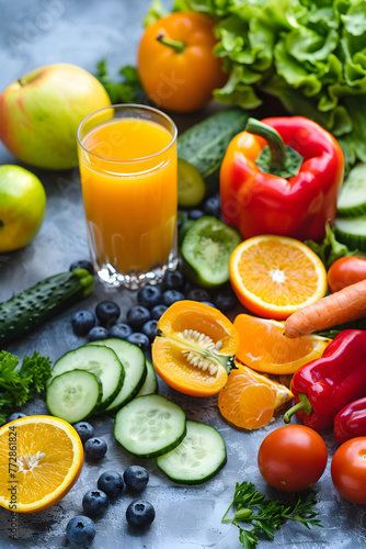 Vibrant Display of Fresh Fruits, Vegetables and Refreshing Orange Juice Representing Balanced Nutrition