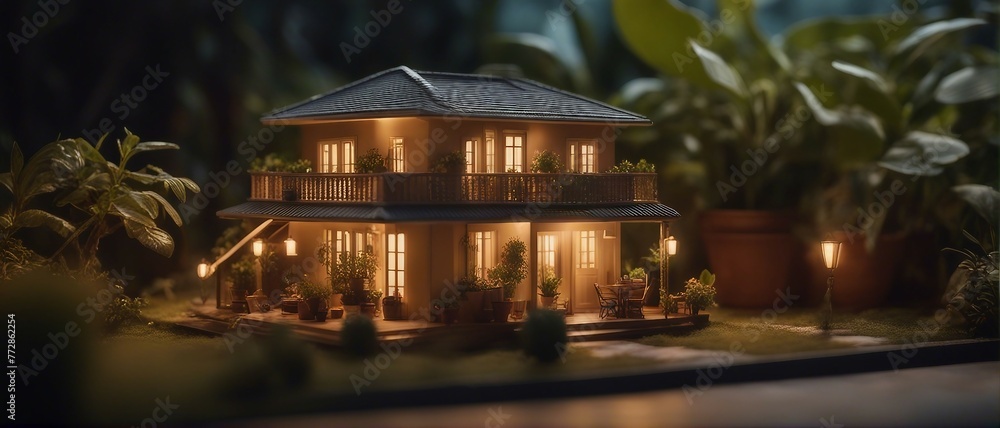 Generative AI. Miniature villa house with plants in potted area, hyper realism, dramatic ambient lighting. sample villas. Duplex. Luxurious Mansions. Bungalow. Gardens. Dream home, car parked day shot