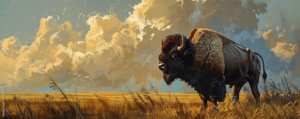 A bison standing in the prairie under the expansive sky