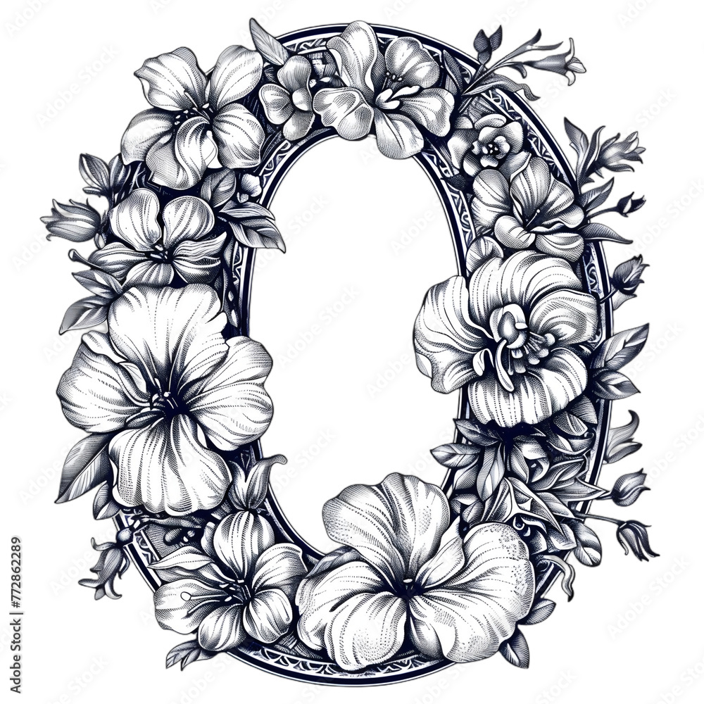 black and white Floral O letter - Beautiful Decorative Element, PNG ...