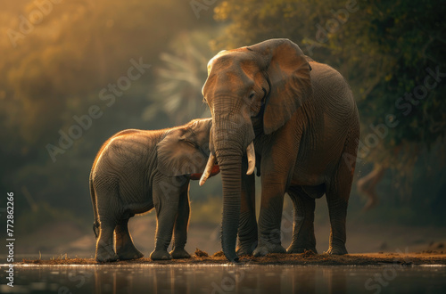 A mother elephant and her calf, the baby's trunk resting on its mum's forehead as they gaze at each other with love in their eyes © Kien