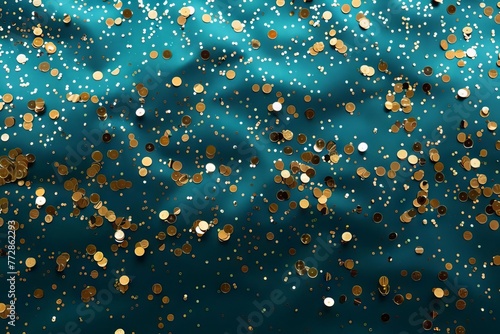 Shimmering teal and gold glitter confetti, festive holiday background, digital illustration
