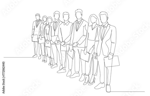 Continuous one line drawing of job applicants line up for job interviews, job recruitment concept, single line art.