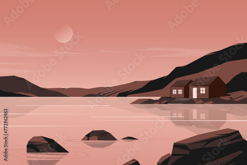 Cartoon landscape with cabin on lake. Minimal nature background with wooden house on lake shore, trees and mountains at twilight. Modern vector flat illustration © Yelyzaveta