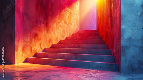 Colorful lighting on industrial staircase