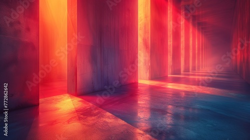 Abstract colorful light beams in corridor