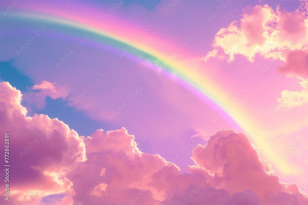 3d render style rainbow in pink sky with fluffy clouds