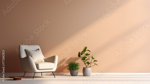 A white chair is sitting in front of a wall with a light green plant in a pot