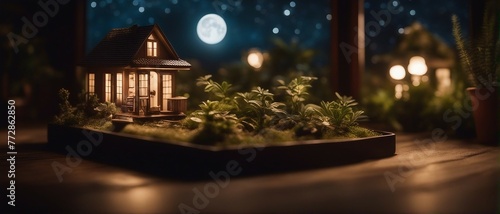 Generative AI. Miniature duplex villa house with plants in the potted area  hyper realism  dramatic ambient lighting. Property sample villas. Duplex. Luxurious Mansions. Bungalow. Gardens. Dream home