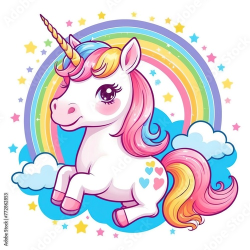 the unicorn is flying high over the rainbow