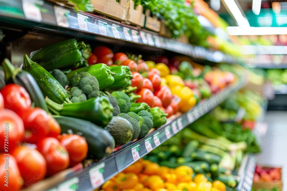 Supermarket aisle with fresh vegetables on colorful shelves, diverse product assortment, sale and consumerism concept, abstract blurred background