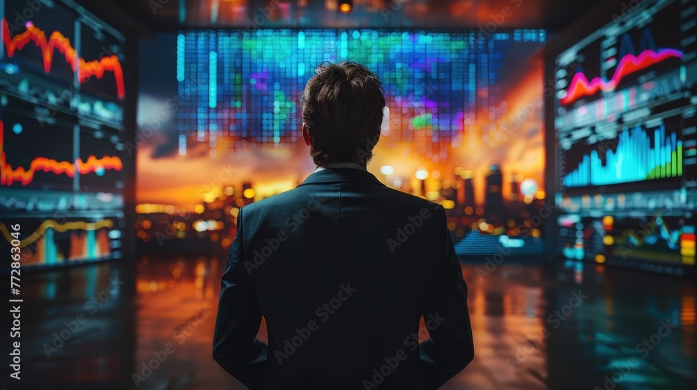 A businessman stands and looks at a large monitor showing a falling financial graph. creating a colorful contrast. Generative AI.