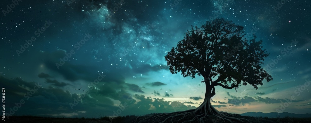 Starry night sky with a solitary tree - obrazy, fototapety, plakaty 