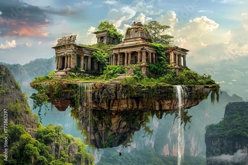 Surreal Digital Collage of a Floating Island with Ancient Ruins, Waterfalls, Lush Vegetation, Fantasy Landscape, Photomanipulation © furyon