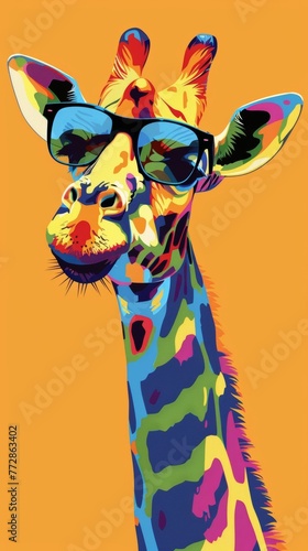 Colorful pop art giraffe with sunglasses