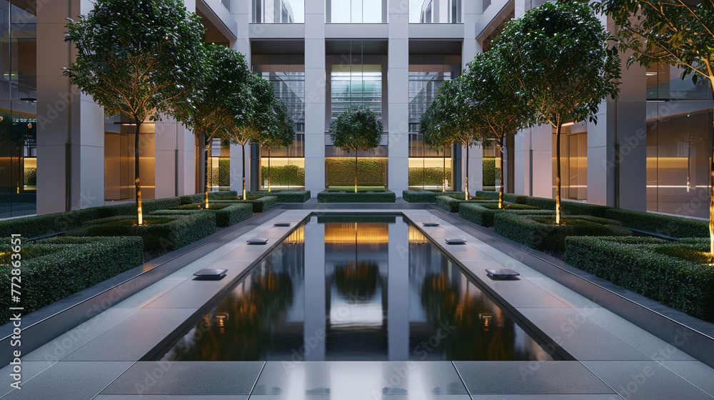 A minimalist interior courtyard featuring a symmetrical design with a central reflecting pool, surrounded by neatly trimmed hedges and ambient  - obrazy, fototapety, plakaty 