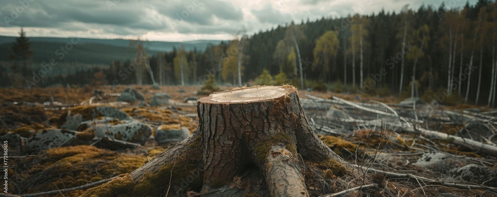 Stump in a deforested area with cloudy sky - obrazy, fototapety, plakaty 