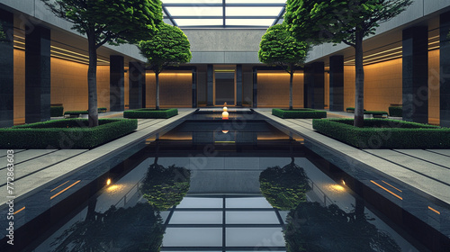 A minimalist interior courtyard featuring a symmetrical design with a central reflecting pool, surrounded by neatly trimmed hedges and ambient lighting. 