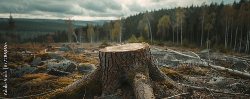 Stump in a deforested area with cloudy sky