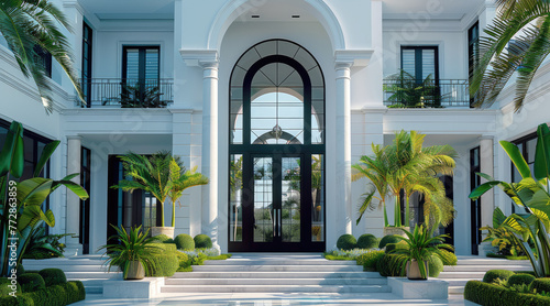 Fototapeta Naklejka Na Ścianę i Meble -  Front view of a luxury modern house in the palm beach with arched black steel double doors, white walls and accents, large windows, stone entrance stairs. Generative AI.