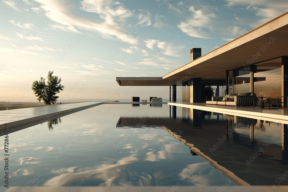 A modern architectural wonder with a spacious patio and a pool, where the reflective water captures the sky and the house's silhouette in perfect symmetry, shot in ultra-high definition.