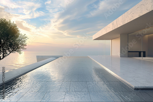 A minimalista??s dream patio, featuring a sleek swimming pool with water that seems to merge with the sky, set against the backdrop of a modern house 
