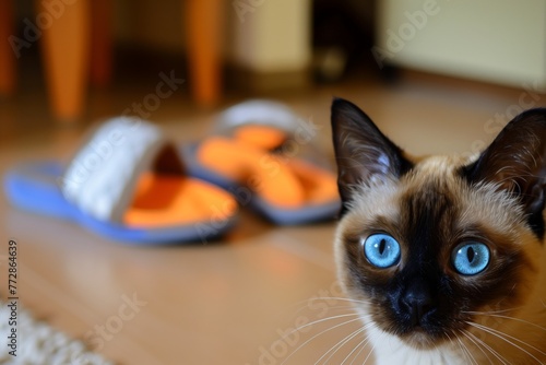 blueeyed cat staring into camera, slippers forgotten in the background photo