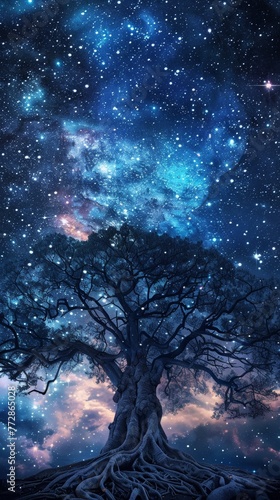 Majestic tree against a starry night sky