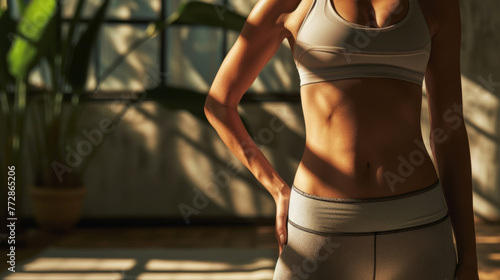Sunlight highlights the toned midriff and sports outfit of a person standing near a window with plants