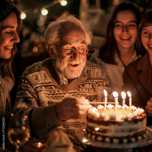 Grandfather grandpa birthday party family concept celebration. One old man enjoy group of people in front of a birthday cake with candles. Age celebrate. Elderly lifestyle. Retirement. Holiday night