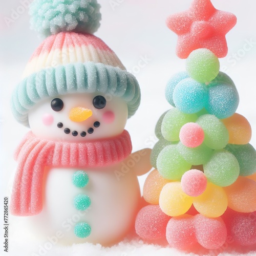 a cute couple snowman with christmas tree made of pastel color rainbow gummy candy on a white background