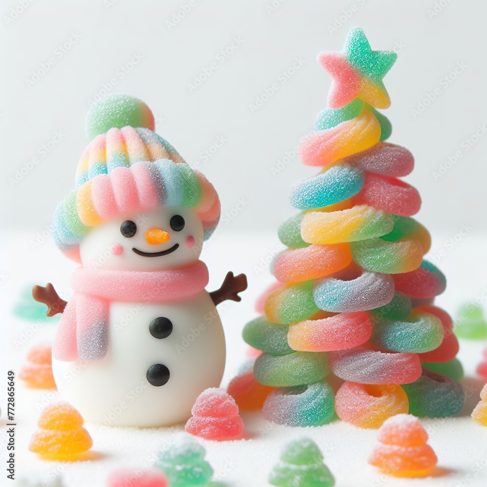 a cute couple snowman with christmas tree made of pastel color rainbow gummy candy on a white background