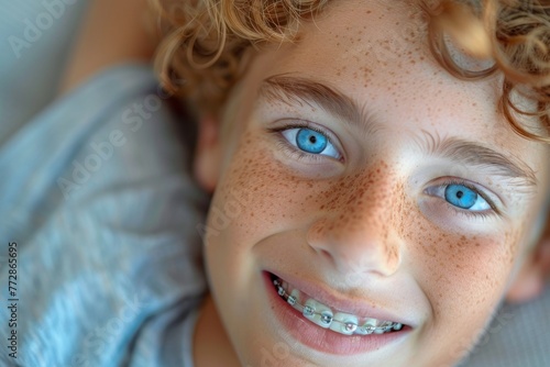 Braces and Bright Eyes  A Young Boy s Carefree Smile Brightens the Day Generative AI
