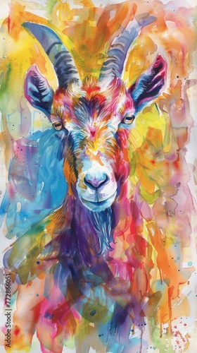 Colorful watercolor painting of a goat