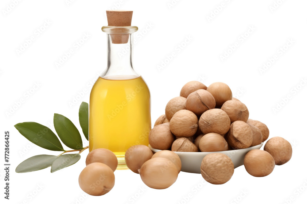 Bowl of Nuts and Bottle of Oil on Table. On a White or Clear Surface PNG Transparent Background.. Bowl of Nuts and Bottle of Oil on Table. On a White or Clear Surface PNG Transparent Background..