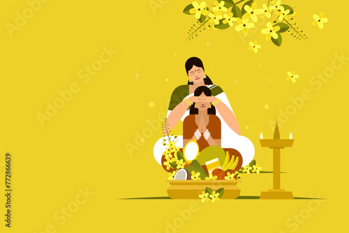 Illustration of a mother blindfolds her daughter in front of auspicious things.Concept for 'Vishu' festival in Kerala