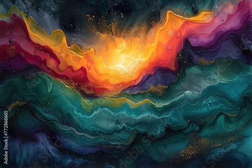Currents of translucent hues, snaking metallic swirls, and foamy sprays of color shape the landscape