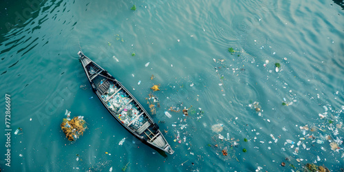 Plastic waste floating on water surface in Southeast Asia. Environment pollution.