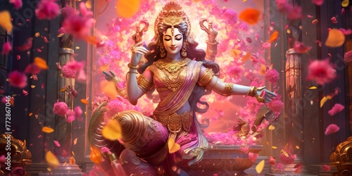 Hindu Goddess Lakshmi with flowing hair and saree made of marble, blossoming beautiful golden and colorfull pink flow