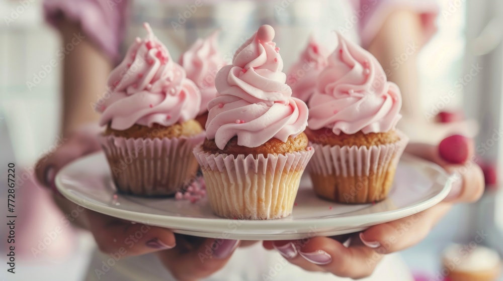 Woman decorating Pink Birthday cupcakes
