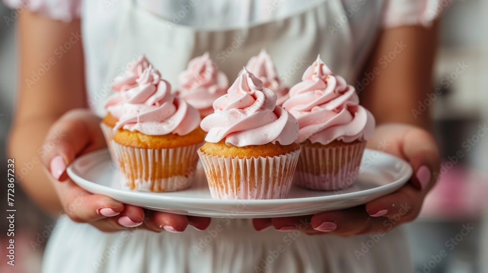 Woman decorating Pink Birthday cupcakes