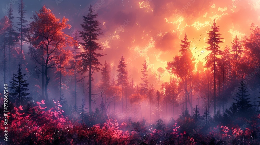 Fotografie Enchanted forest at sunset with vibrant colors