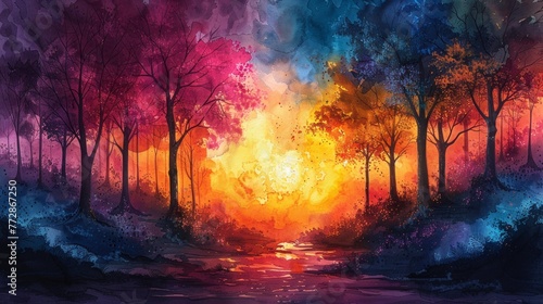 Colorful forest landscape with sunset
