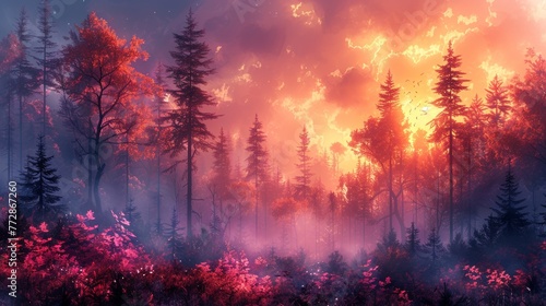 Enchanted forest at sunset with vibrant colors
