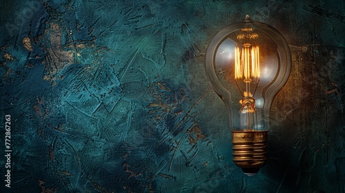 Illuminated vintage light bulb against textured blue background