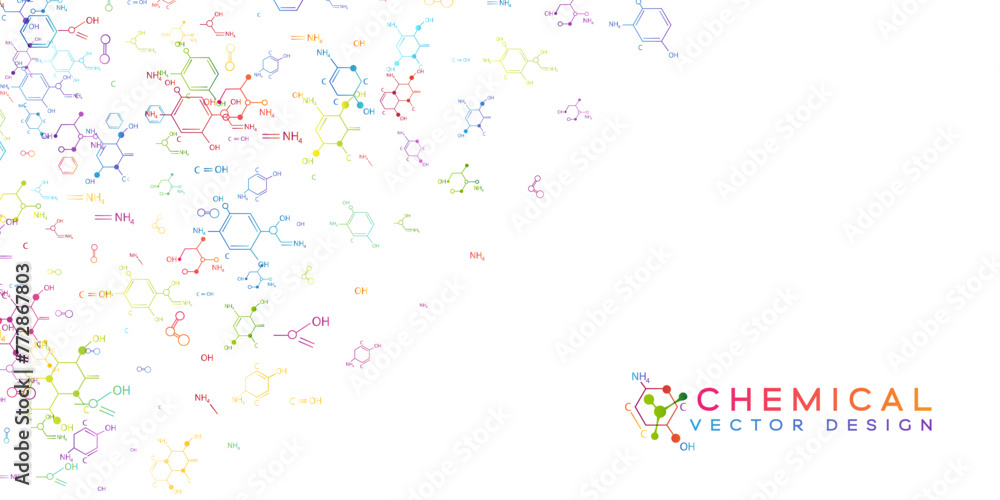 Chemistry decoration element with colorful scattered chemistry formulas. Vector vertical corner with flow elements.