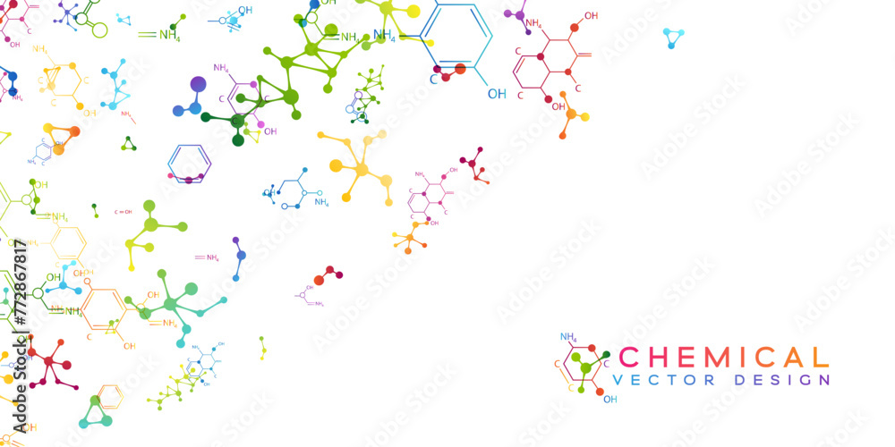 Chemistry decoration element with colorful scattered molecules and chemistry formulas. Vector vertical corner with flow elements.
